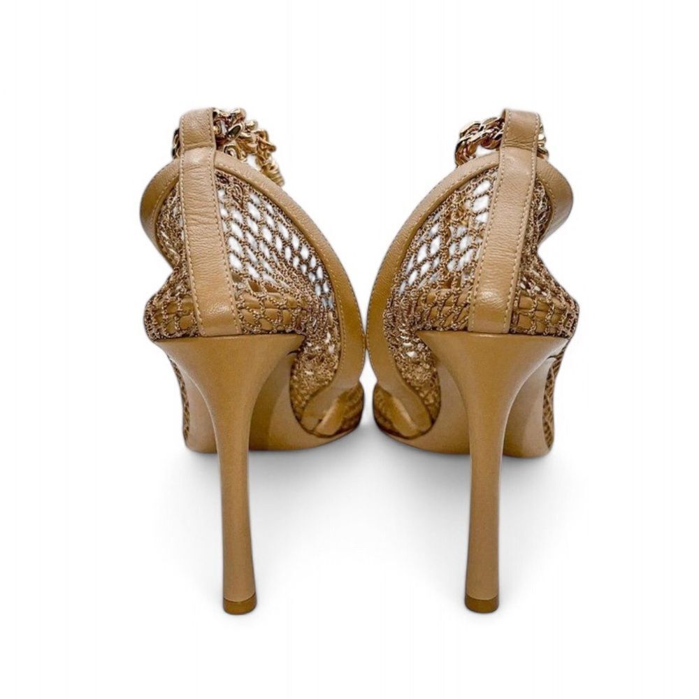 Authentic BOTTEGA VENETA Tan Sand Tex Mesh Gold Trim Runway Sandals Size… - Picture 15 of 16